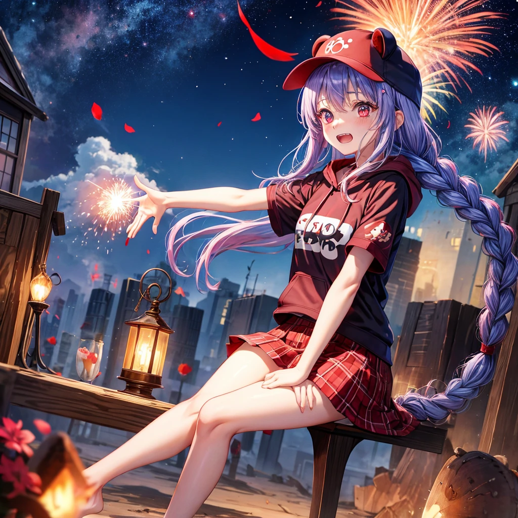 Red, blue and light purple hair、Red eyes、Braid、One cute girl、solo、And soul、Light clothing、Checked mini skirt、petal、black t-shirts、hoodie、bear ears baseball cap、large tree、Thundercloud、Burning Full Moon、desert、barefoot、Stones are piled up、Teeth are visible、Fortress City、Tilting face、Starry Sky、firework