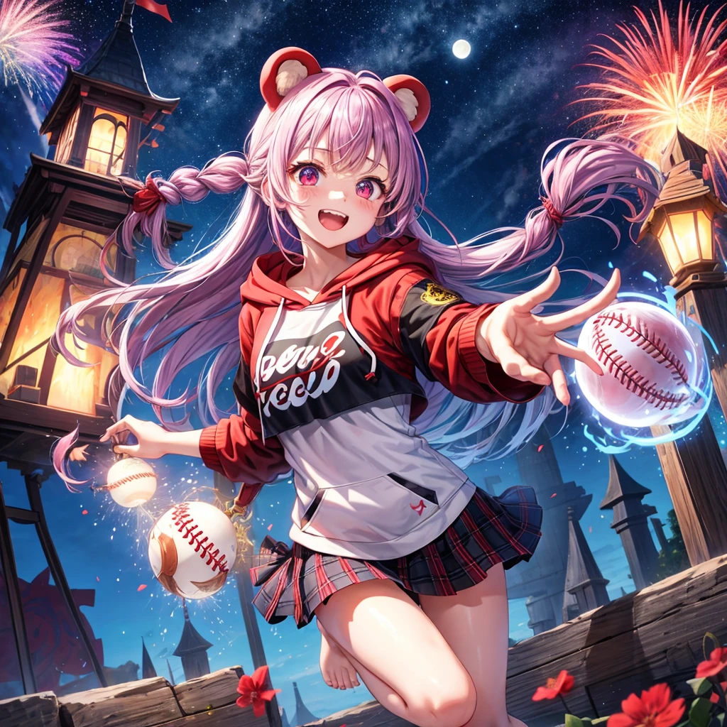 Red, blue and light purple hair、Red eyes、Braid、One cute girl、solo、And soul、Light clothing、Checked mini skirt、petal、black t-shirts、hoodie、bear ears baseball cap、large tree、Thundercloud、Burning Full Moon、desert、barefoot、Stones are piled up、Teeth are visible、Fortress City、Tilting face、Starry Sky、firework