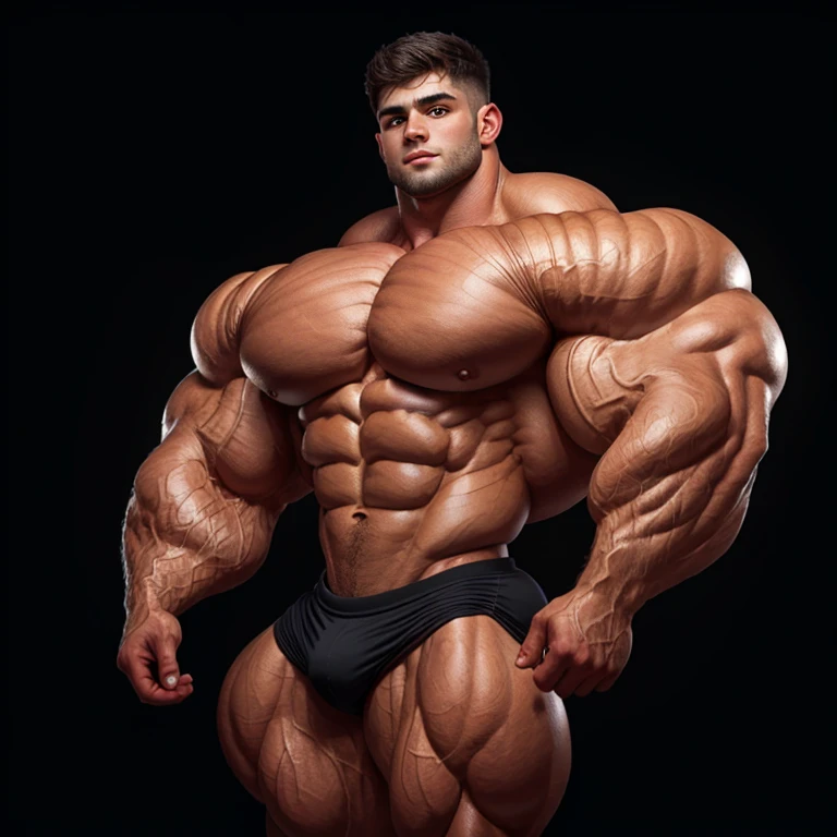 a young man, big eyes, short hair, shirtless, massively muscular, with massively large muscles, with massively large biceps, with massively large arms, with massively muscular and defined body, massively large chest, on a black background