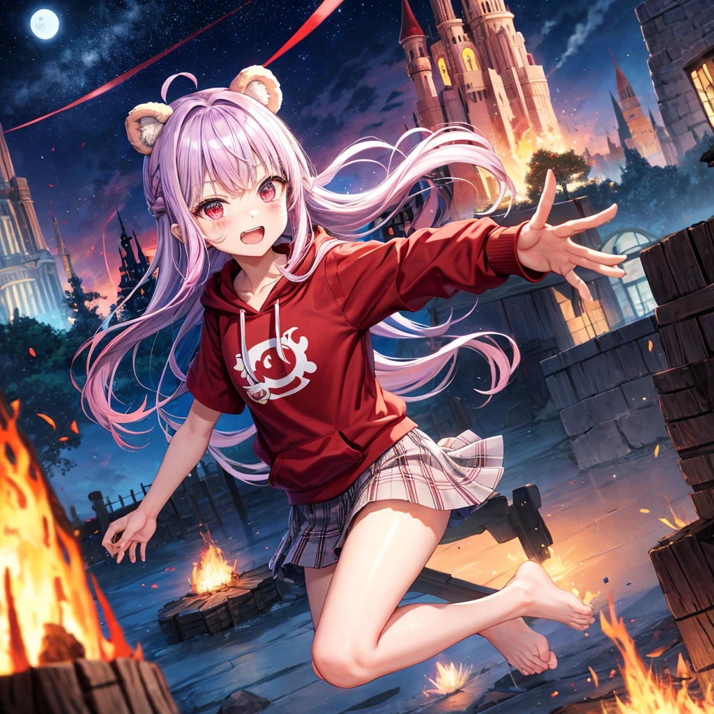 Red, blue and light purple hair、Red eyes、Braid、One cute girl、solo、And soul、Light clothing、Checked mini skirt、petal、black t-shirts、hoodie、bear ears baseball cap、large tree、Thundercloud、Burning Full Moon、desert、barefoot、Stones are piled up、Teeth are visible、Fortress City、Tilting face、Starry Sky、firework