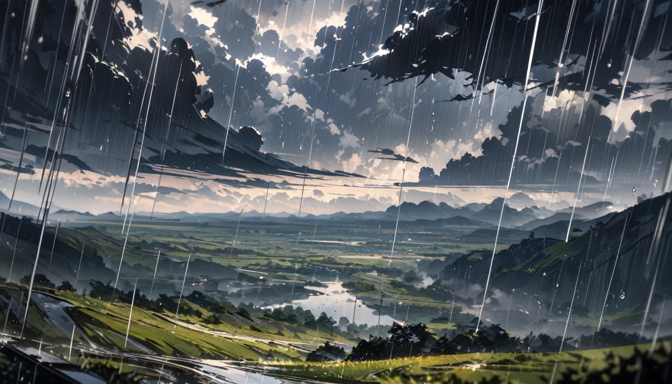 beautiful, (Close up of), (Dark Clouds, rain, raindrops in the air), (valley in the background), Wide Shot, atmospheric perspective, perspective, masterpiece, High resolution, High resolution, 4K, 最high quality, Awards, high quality, Super Detail, Accurate, masterpiece, UHigh resolution