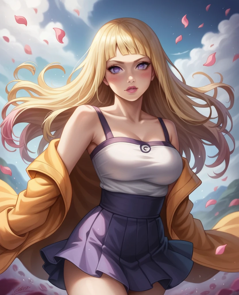 One cute couple masterpiece, absurdres, hinata\(boruto\), 1girl, solo,mature female, off-shoulder strap bra, high waist short skirt, looking at viewer, (falling petals), perfect composition, detailed lips, big breast, beautiful face, body propotion, blush, (pink lips), long hair, purple eyes, soft gaze, super realistic, detailed, photoshoot, realistic face and body,(1 ager,Uzumaki Naruto),comics『Naruto』character,Expanded Scroll,Use of magic,Fighting Style,,Magical Effects,Intricate details,Wide range of colors,artwork,rendering,(masterpiece:1.3),(highest quality:1.4),(Very detailed:1.5),High resolution,Very detailed,unity 8k wallpaper,Enjoy the fight,Draw a nine-tailed fox in the background