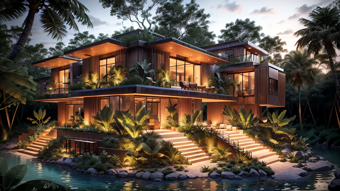 Boho Style, Deluxe Jungle Villa with Roof Garden, Glass villa with sloping roof, modern, Dynamic (RAW photo, Real, Best quality, Masterpiece:1.2), (Ultra photo realsisim, photo-realistic:1.2), High quality, (Dark lighting:1.2), Perfect lighting, archdaily, Award-winning sustainable construction, Cinematic light, golden hour light