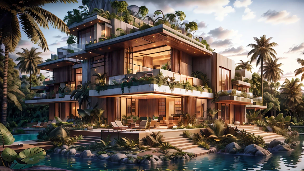 Boho Style, Deluxe Jungle Villa with Roof Garden, Glass villa with sloping roof, modern, Dynamic (RAW photo, Real, Best quality, Masterpiece:1.2), (Ultra photo realsisim, photo-realistic:1.2), High quality, (Dark lighting:1.2), Perfect lighting, archdaily, Award-winning sustainable construction, Cinematic light, golden hour light
