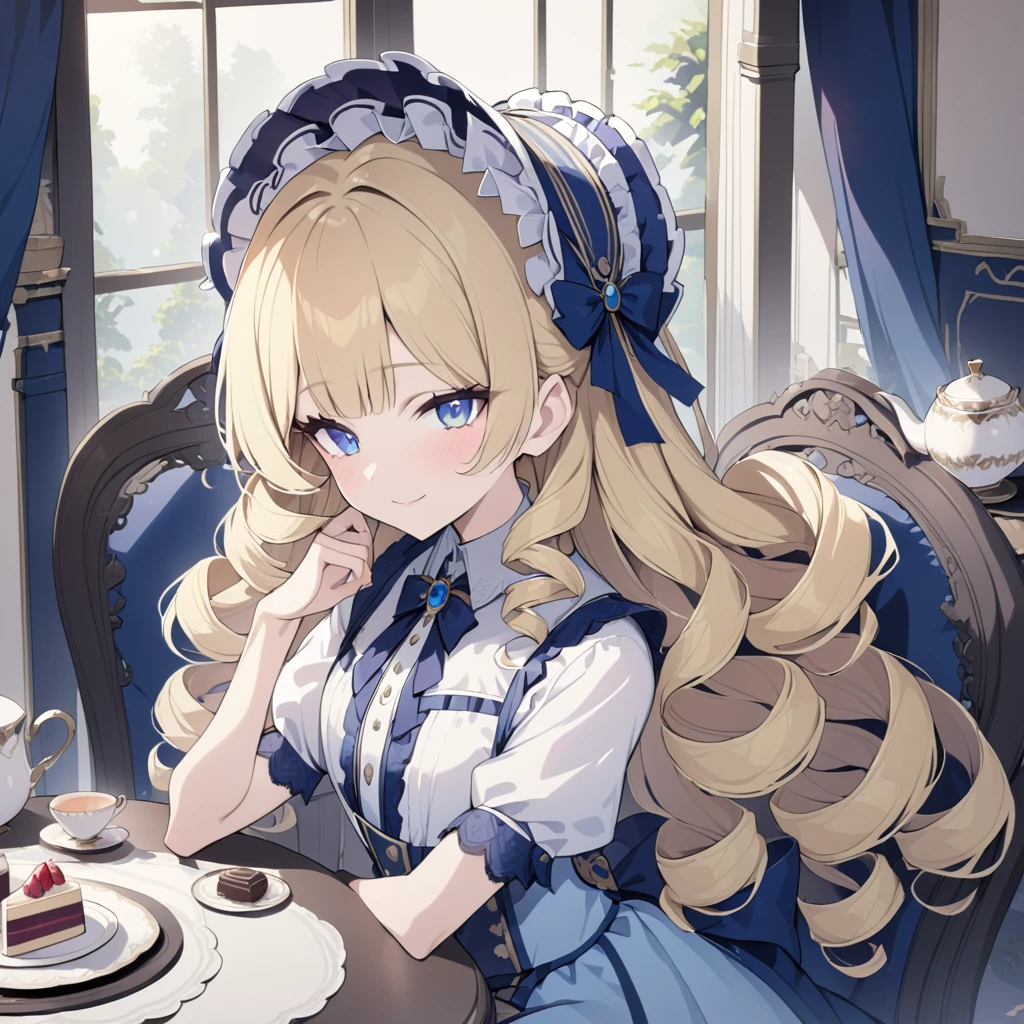 Blonde hair,(sidecurls),curls,blue eyes,long eyelashes,light blue victorian dress,puffy short sleeves,frilled dress,collared dress,frilly wide brimmed Bonnet with bows,fringe bangs,masterpiece,highress, sitting at a table on a intricate chair with a fancy teaset and desserts,soft smile,ojou curls,,(white blouse)