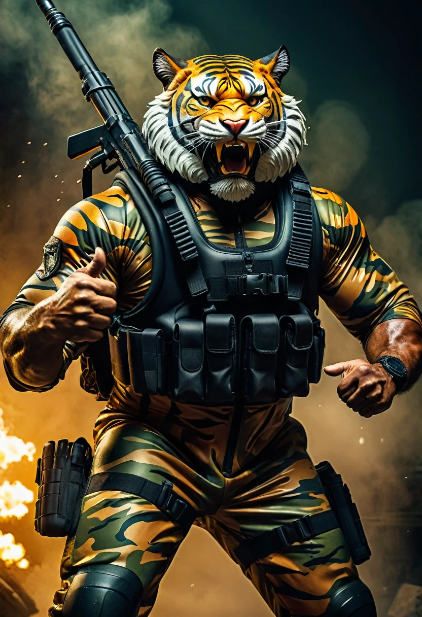 (a dark-skinned bearded fat muscular old man in a bulky army camouflage zipper diver suit) carrying a gun, (wearing realistic roaring tiger mask), dynamic action pose, fierce expression, showcasing an imposing stature, surrounded by military elements, dramatic shadows and intense highlights, cinematic color tones, high detail, powerful, art influenced by Bruce Onobrakpeya and Stanley Artgerm, ultra-detailed, best quality image, action-packed atmosphere. thumbs up pose