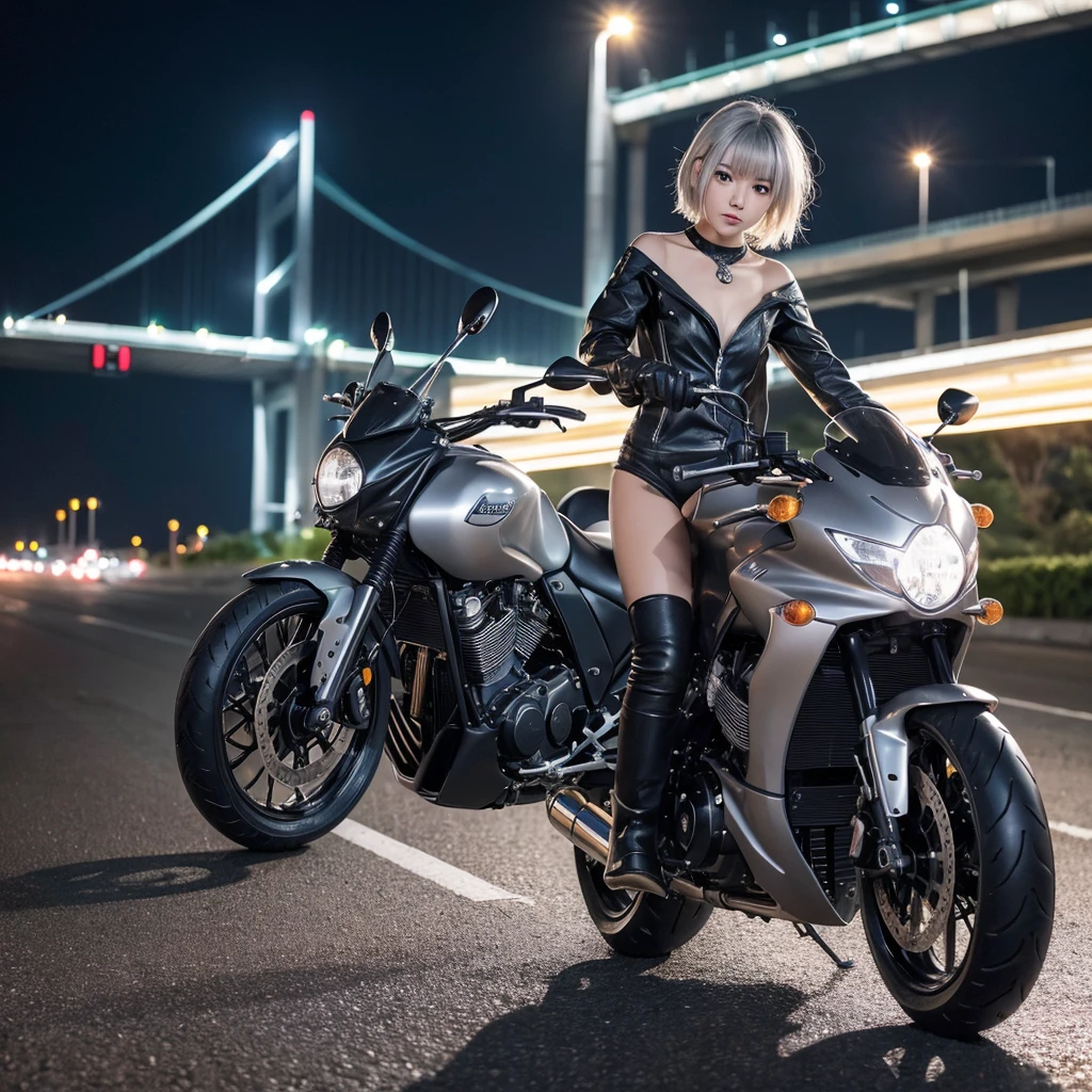 (8k, Photorealistic, Raw photo, Highest quality: 1.4),Japanese idol-style beautiful girl,1 person,18-year-old,(Short Bob),(Silver Hair),Blowing in the wind,Clear grey eyes,Long eyelashes,(piercings(small)),Rider Suit(one piece),boots,(The future of large motorcycles(Akira)Riding),No helmet,Driving on the Metropolitan Expressway at night,View from diagonally behind,(Full body snapshot)