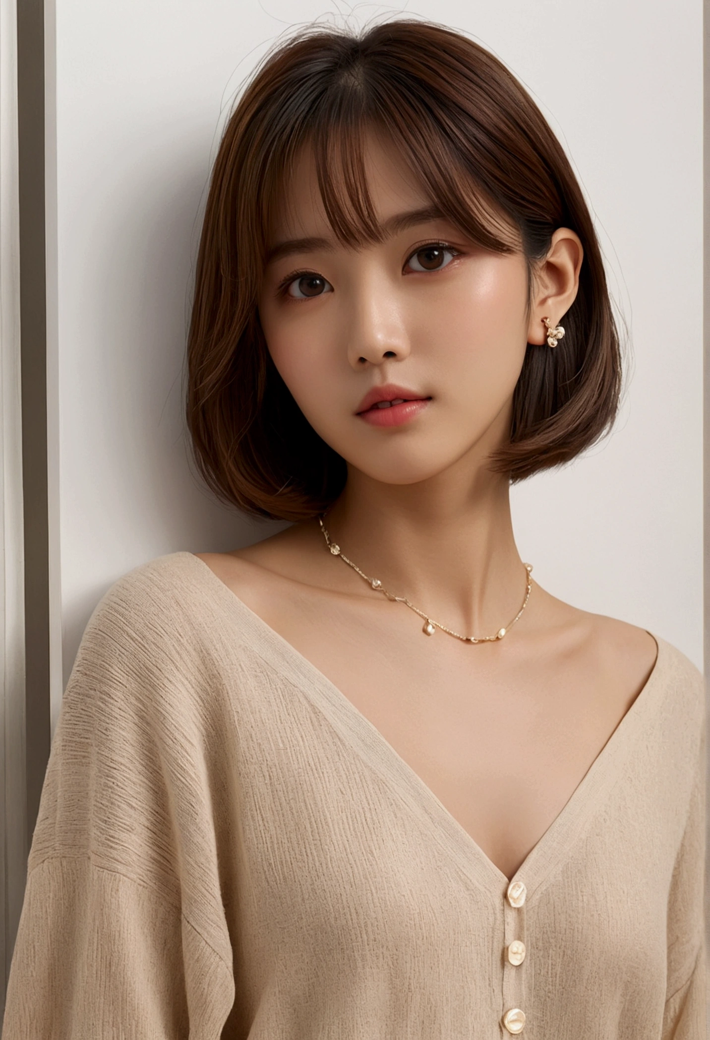 (Highest quality、8k、32K、masterpiece、Hmph:1.2)、cute１Male Japanese Women Photos、Bobcut、Bobcut、Tabletop、Light brown long sleeve blouse、White wall、In front of a white door、From above、Physically Based Rendering、Gradient brunette hair、Girlish、Excellent image quality、High resolution、1080P、(Beautiful face)、(Detailed facial depiction)、(Detailed explanation of the hand setter muscle parts)、(Detailed CG)、 Dirty hair、masterpiece、Rich details、(exquisite features)、(Best image quality)、(masterpiece)、(Detailed eyes)、Delicate clavicle、Various poses、Don&#39;Don&#39;don&#39;t watch mela、(Selfie)