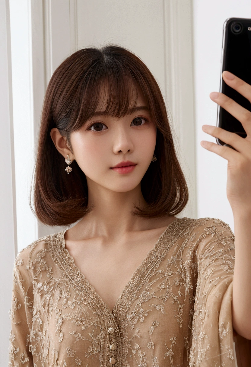 (Highest quality、8k、32K、masterpiece、Hmph:1.2)、cute1Male Japanese Women Photos、Bobcut、Bobcut、Tabletop、Light brown long sleeve blouse、White wall、In front of a white door、From above、Physically Based Rendering、Gradient brunette hair、Girlish、Excellent image quality、High resolution、1080P、(Beautiful face)、(Detailed facial depiction)、(Detailed explanation of the hand setter muscle parts)、(Detailed CG)、 Dirty hair、masterpiece、Rich details、(exquisite features)、(Best image quality)、(masterpiece)、(Detailed eyes)、Delicate clavicle、Various poses、Don'Don'don't watch mela、(Selfie)