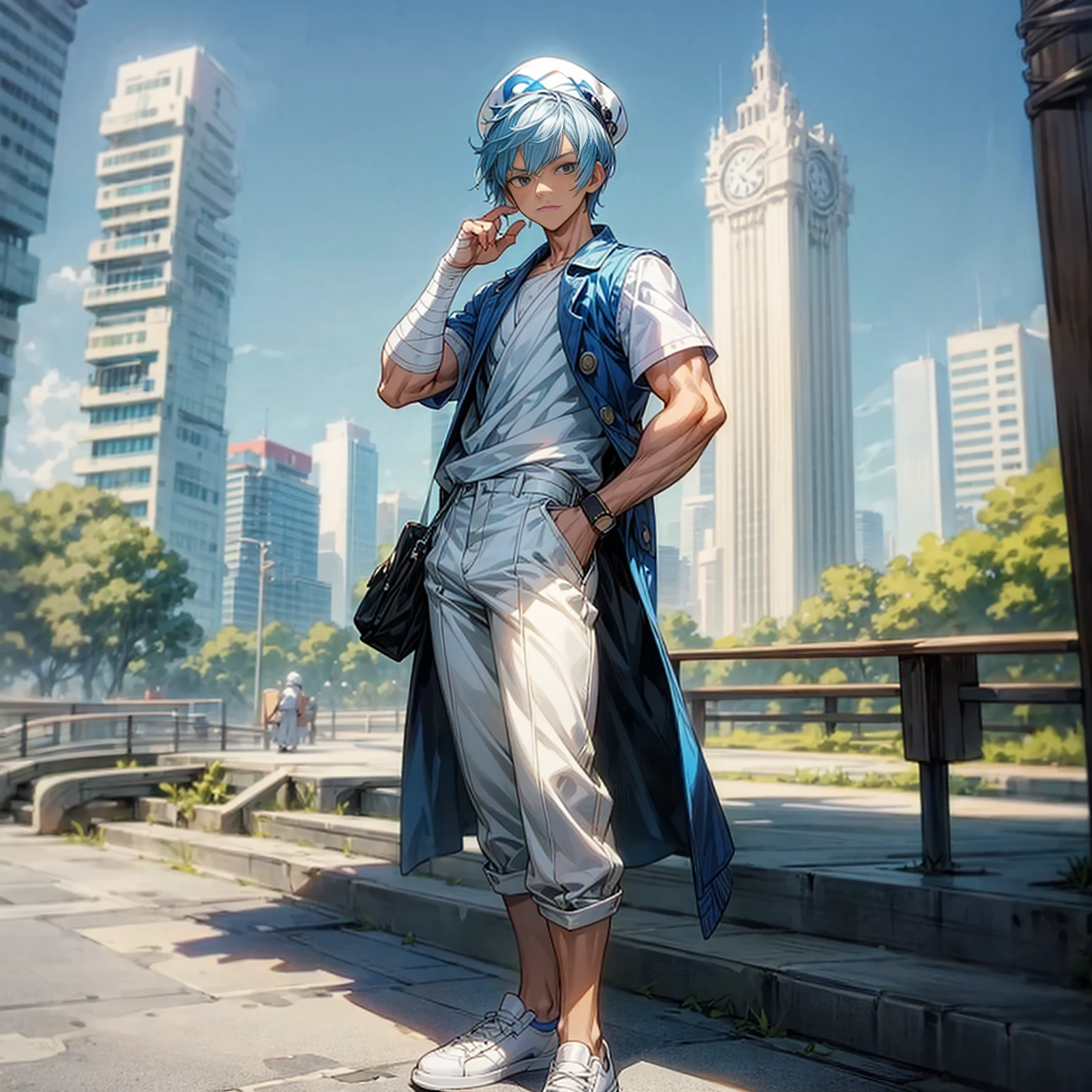 Solo character, young boy, muscle, Full body version, blue half white colour hair, short haircut, casual outfit, hat, white trousers, shoes, outdoor, park, city, sky blue, standing gesture, bandage, (one piece style art), detailed clothing, detailed hair, detailed background 