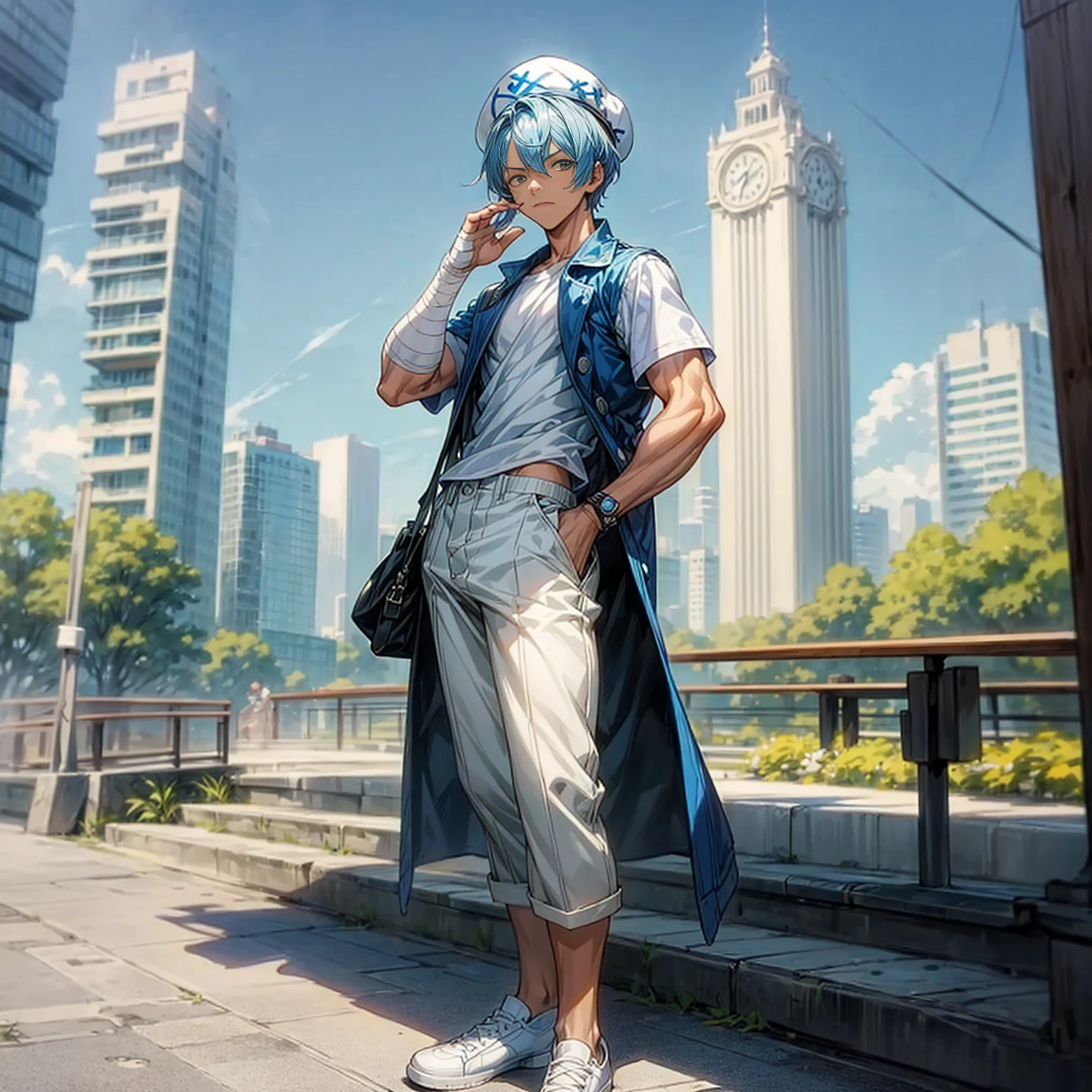 Solo character, young boy, muscle, Full body version, blue half white colour hair, short haircut, casual outfit, hat, white trousers, shoes, outdoor, park, city, sky blue, standing gesture, bandage, (one piece style art), detailed clothing, detailed hair, detailed background 