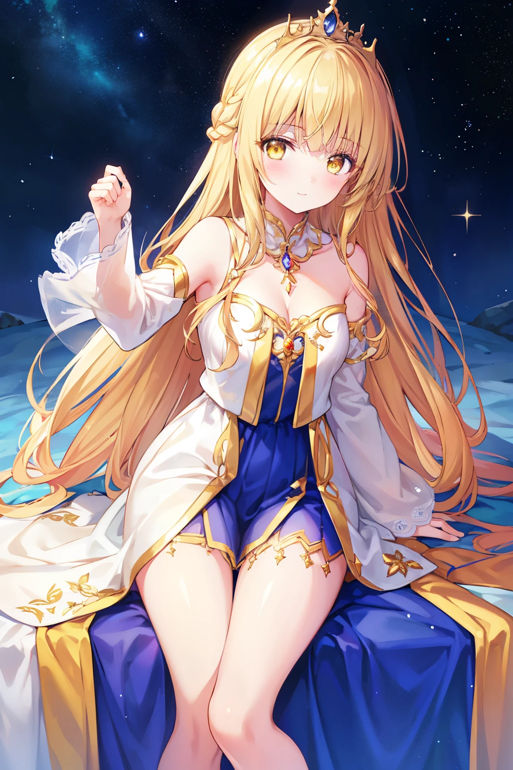 Mahiru shiina, , blonde, (Yellow Eyes:1.3)、Braided long hair,,blush,smile,Beautiful views, Attractive thighs、Beautiful bare legs, //Character
1girl,
BREAK
//Fashions 
Celestial Goddess,
Inspired by the beauty and majesty of the cosmos, this costume exudes ethereal elegance and celestial charm, The ensemble features a flowing gown in shimmering shades of midnight blue, purple, or silver, reminiscent of the starry night sky, The gown is adorned with glittering sequins, beads, and celestial motifs, evoking the splendor of distant galaxies and constellations, 
BREAK
Pair the gown with delicate celestial accessories such as a sparkling tiara or a crescent moon necklace, adding a touch of celestial magic to the ensemble, Complete the look with flowing hair styled in loose waves or intricate braids, reminiscent of a celestial goddess descending from the heavens, This costume is perfect for fantasy-themed events, cosmic masquerades, or anyone who wants to shine like a star,
BREAK、I can see your Pantastar piece.:1.2), highest quality, High resolution, unity 8k wallpaper, (shape:0.8), (Beautiful and beautiful eyes:1.6), Highly detailed face, Perfect lighting, Highly detailed CG, (Perfect hands, Perfect Anatomy),