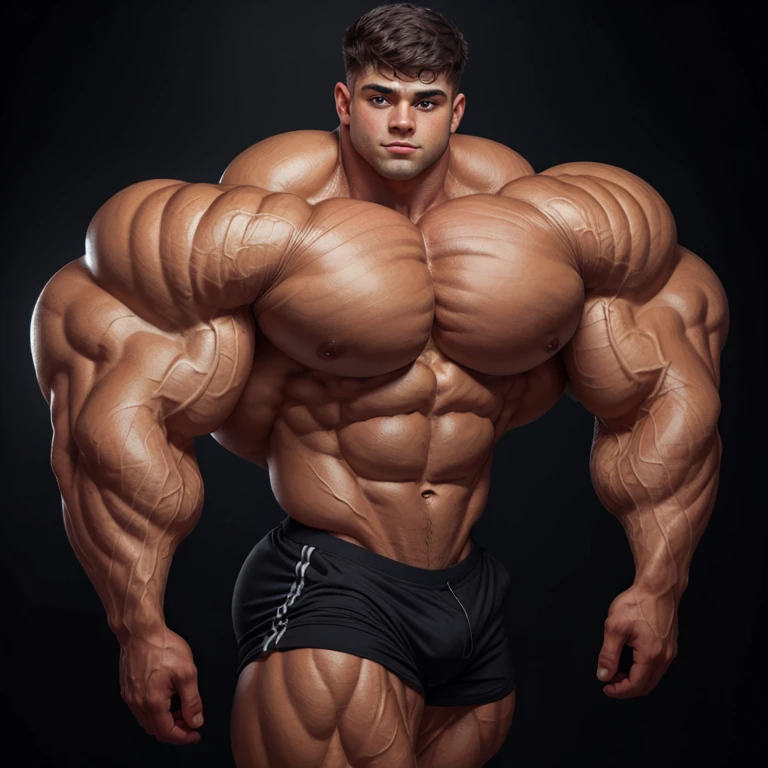 a young man, big eyes, short hair, shirtless, massively muscular, with massively large muscles, with massively large biceps, with massively large arms, with massively muscular and defined body, massively large chest, on a black background