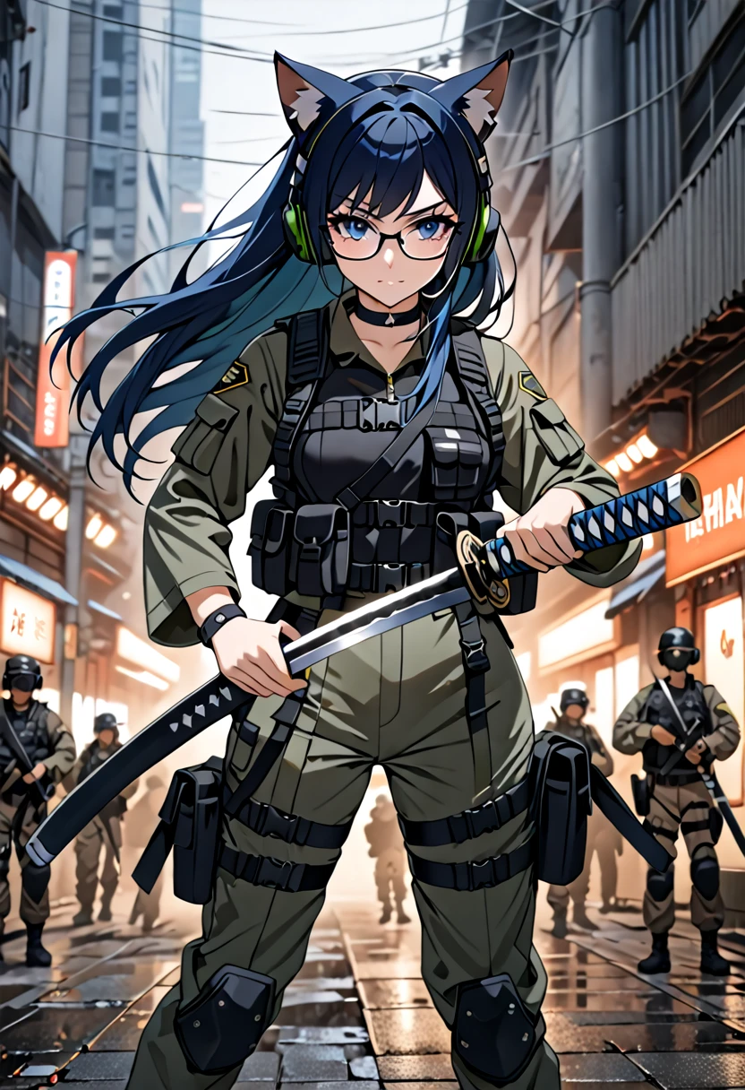 8K Ultra High-Quality, ultra-detailed, High quality, 8K Ultra High-Quality, ultra-detailed, High quality, Dark Blue hair, Long hair, Headset, cat girl, Glasses, Tactical clothes, Military clothes, body harness, two sheathed katana, holding a katana, Looking at viewer, choker, full body, close up, soldier standing right beside her