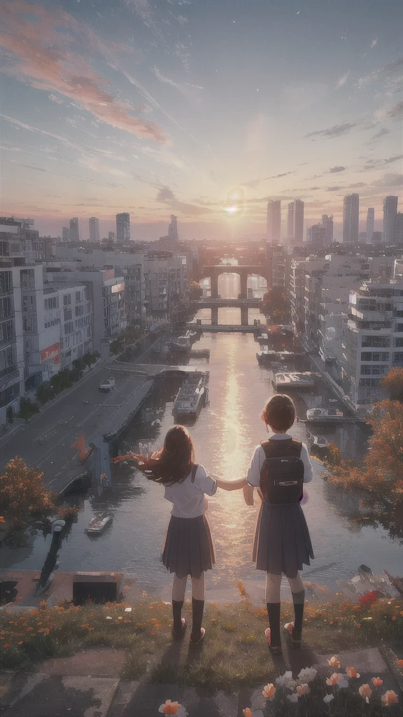 Fiery sunset sky,Octane, star (null), scenery, White flowers falling from the sky,school uniform.,star, A girl and a boy, Rear view, Outdoor, city,river,building, cloud, 天のriver,silhouette