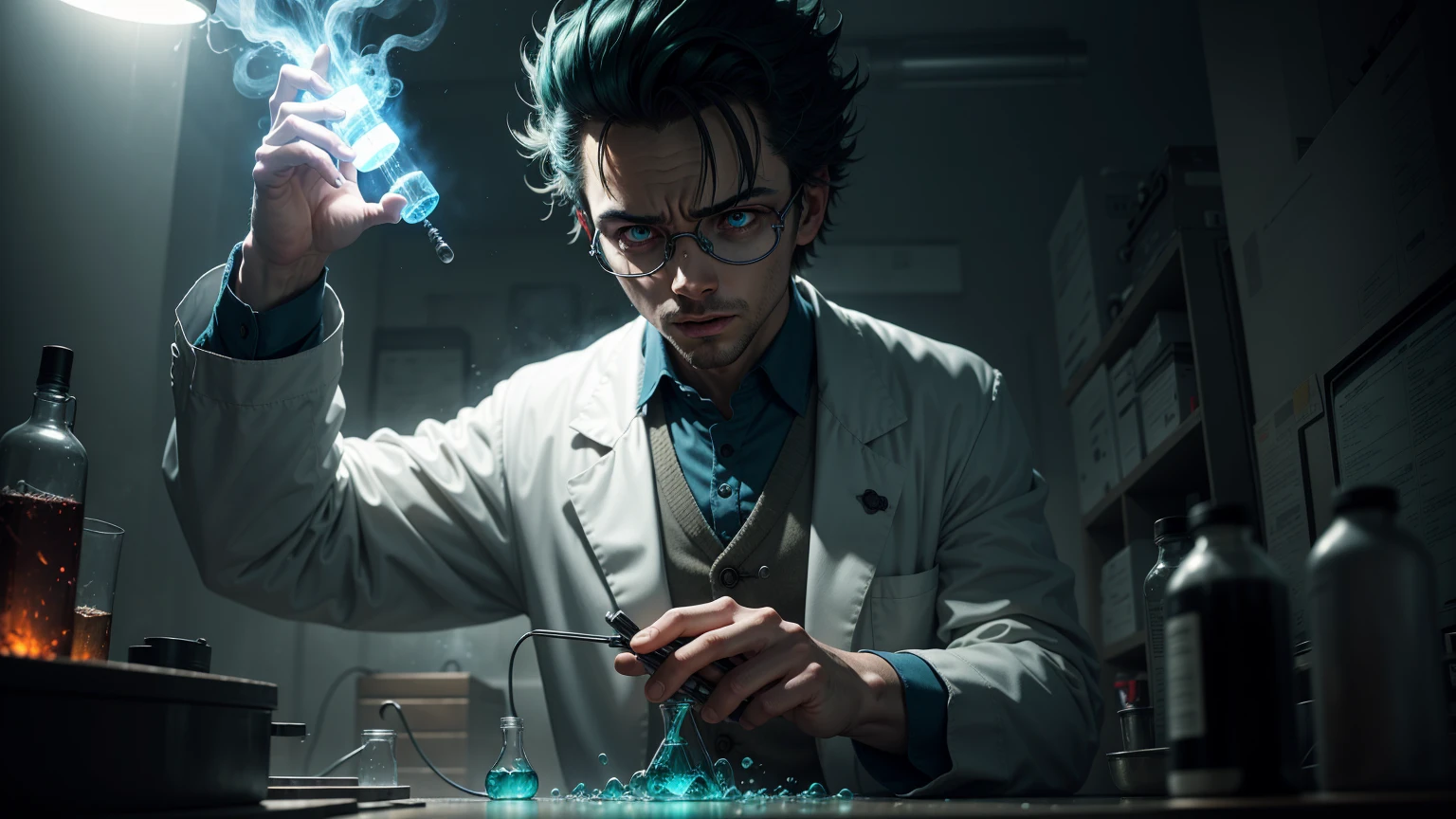 A mad scientist conducts crazy experiments in a dimly lit laboratory, Bubbling test tubes. [Science:1.1], [Mad scientist], [Laboratory]. The scientist wore a white lab coat and goggles. [White lab coat], [Protective goggles]. The lab is full of strange devices, Spark line, and mysterious liquids. [Strange device], [Spark line], [Mysterious liquid]. The intense gaze of the scientists was both excited and crazy. [Strong gaze], [exhilarated], [Madness]. The artwork has a detailed and realistic style, Features high-resolution textures and vibrant colors. (Best quality, A high resolution:1.2), (Realistic,Photorealistic:1.37), [Meticulous and realistic style], [high resolution texture], [Vivid colors]. The overall tone is dull and impermanent, With a hint of green and blue. [Dark and moody], [green and blue]. The lighting is dramatic, Cast a long shadow，Emphasize the eerie atmosphere. [Dramatic lighting], [Long shadows], [spooky ambiance].