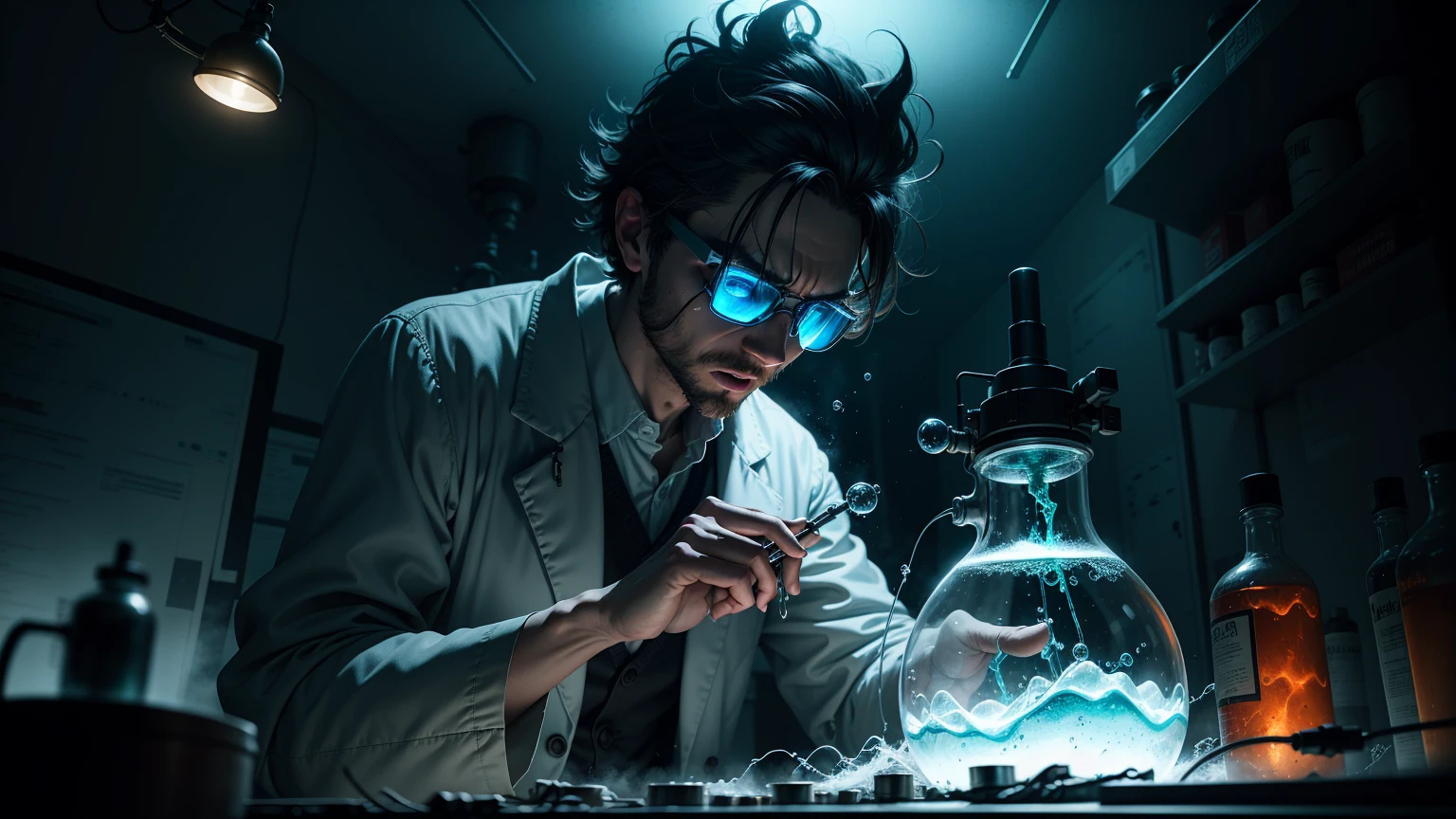 A mad scientist conducts crazy experiments in a dimly lit laboratory, Bubbling test tubes. [Science:1.1], [Mad scientist], [Laboratory]. The scientist wore a white lab coat and goggles. [White lab coat], [Protective goggles]. The lab is full of strange devices, Spark line, and mysterious liquids. [Strange device], [Spark line], [Mysterious liquid]. The intense gaze of the scientists was both excited and crazy. [Strong gaze], [exhilarated], [Madness]. The artwork has a detailed and realistic style, Features high-resolution textures and vibrant colors. (Best quality, A high resolution:1.2), (Realistic,Photorealistic:1.37), [Meticulous and realistic style], [high resolution texture], [Vivid colors]. The overall tone is dull and impermanent, With a hint of green and blue. [Dark and moody], [green and blue]. The lighting is dramatic, Cast a long shadow，Emphasize the eerie atmosphere. [Dramatic lighting], [Long shadows], [spooky ambiance].