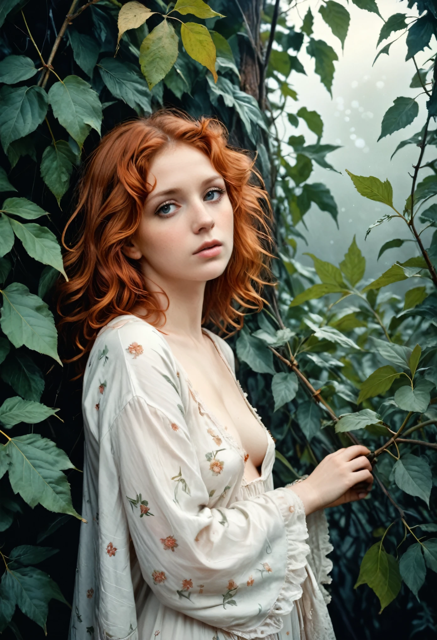 Full portrait, Realistic, Photorealistic, analog photo, Highly detailed, cinematic rendering, Wild Dead Forest, evening, Cute 24-year-old woman, Leaning back in a tree and looking up at the grey cloudy sky, Redhead, Sexy, Dressed in a white tattered nightgown, Black leaves float in the air, Behold, the glittering particles flutter, classical painting composition, Dark gloomy background, An atmosphere of melancholy and sadness, surreal photo, by Alphonse Mucha, detailed perfect face, Melancholic eyes, Faded colors, cinematic  composition