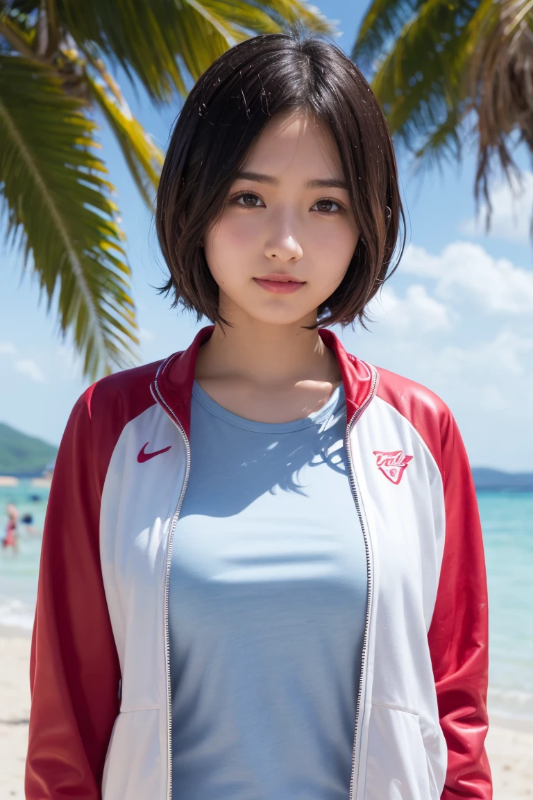 Very detailed CG Unity 8k wallpaper, Highest quality, Very detailed, masterpiece, Realistic, Realistic, Very detailed Japanese cute girls, (18-year-old), blush, Round eyes, Thick eyebrows chest, Semi Body Shot, High-resolution RAW color photos, Professional photos, Portrait of sexy girl、Anatomically correct body shape、Healthy body shape、Brown short hair、smile、naked、Beach volleyball player、Write your hair、Front view、Wearing a jersey jacket、Show your side、Wet Skin、Wet Hair、Avoid the same pose、Selfie of one girl