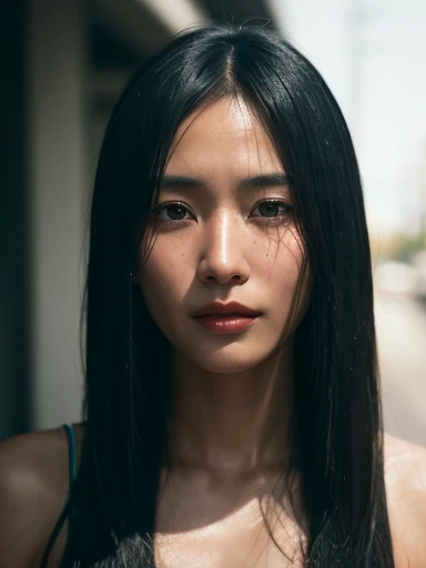 （（surreal、Super detailed image, maybe a photo.，Captures the details of the skin texture of an incredibly beautiful woman..））long straight black hair。award winning photo by lee jeffries, nikon d850 film stock photograph, Kodak Portra 400 Camera F1.6 lens. outdoors.