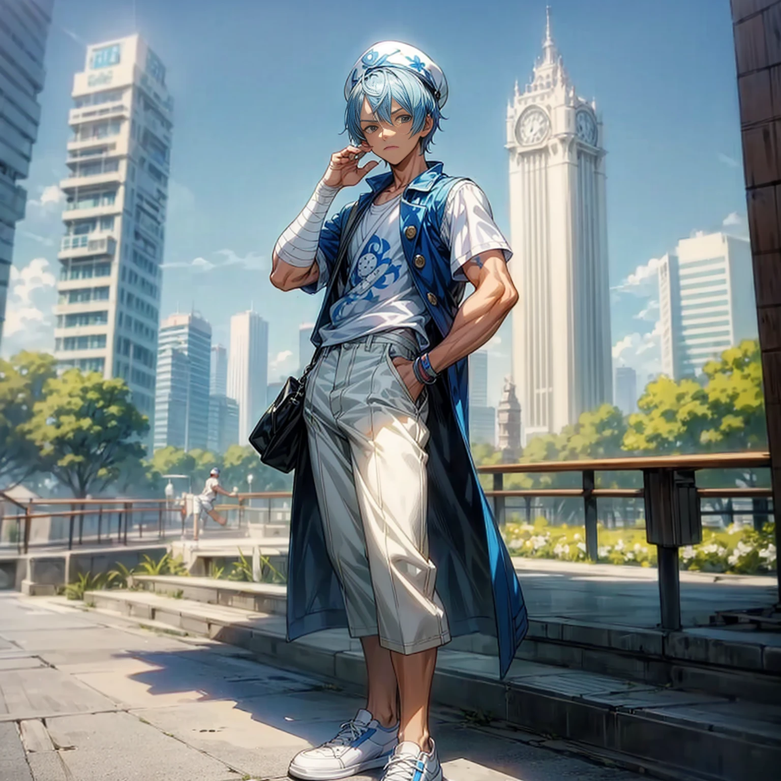 Solo character, young boy, muscle, Full body version, blue half white colour hair, short haircut, casual outfit, hat, white trousers, shoes, outdoor, park, city, sky blue, standing gesture, bandage, (one piece style art), detailed clothing, detailed hair, detailed background 