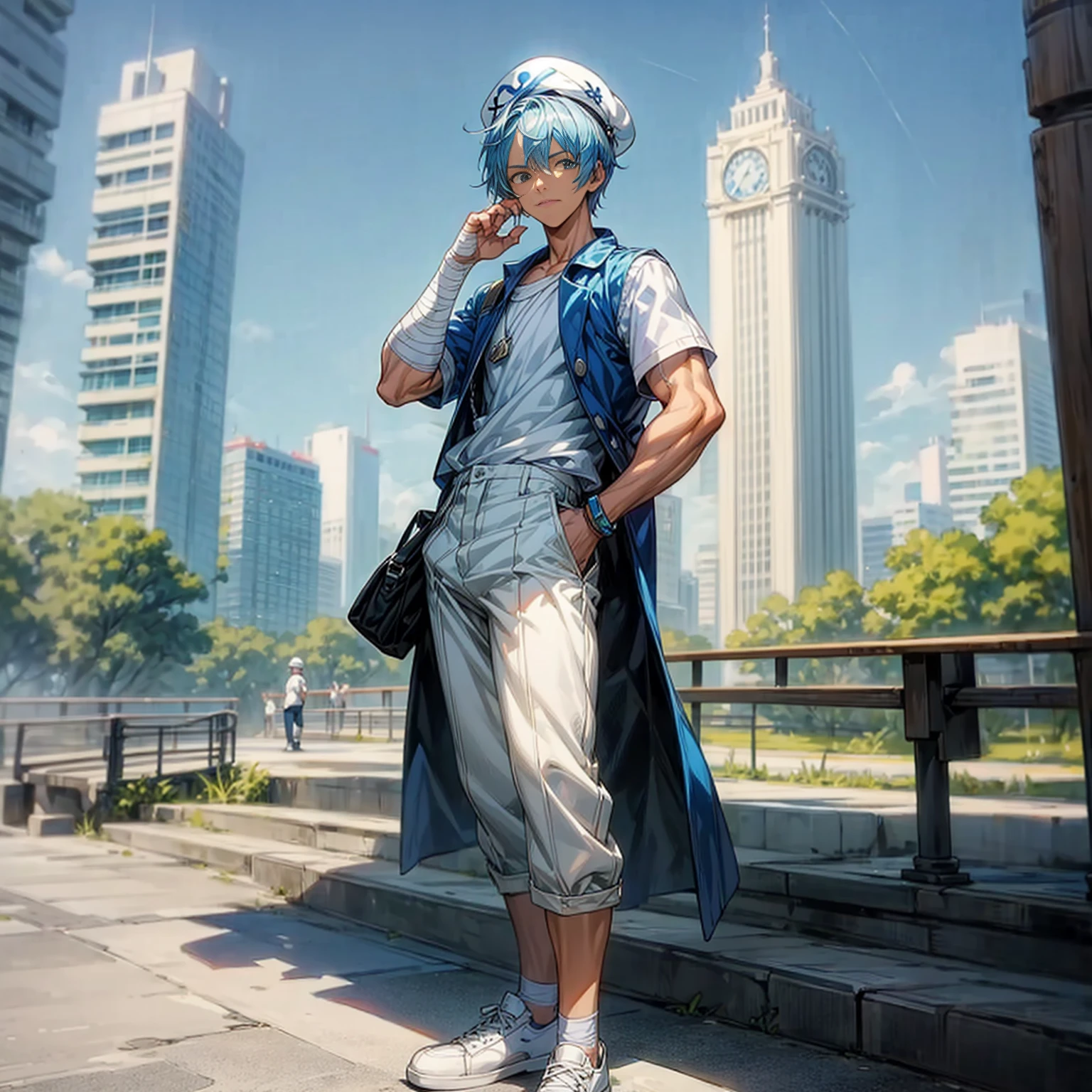 Solo character, young boy, muscle, Full body version, blue half white colour hair, short haircut, casual outfit, hat, white trousers, shoes, outdoor, park, city, sky blue, standing gesture, bandage, (one piece style art), detailed clothing, detailed hair, detailed background 