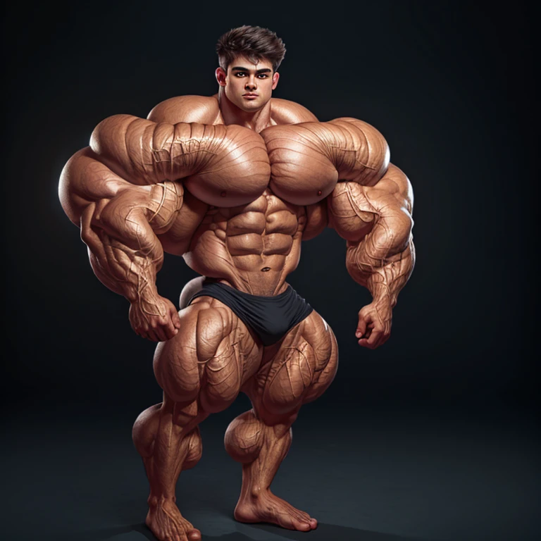 a young man, big eyes, short hair, shirtless, massively muscular, with massively large muscles, with massively large biceps, with massively large arms, with massively muscular and defined body, massively large chest, on a black background