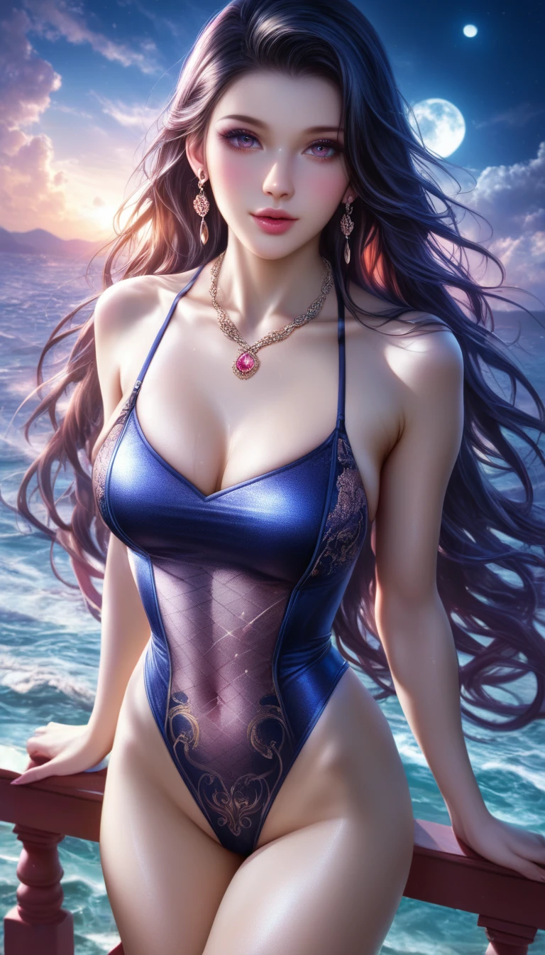 score_9, score_8_superior, score_7_superior, A masterpiece in 32K resolution,Highest quality,it is really amazing,Very detailed,Ultra-high resolution,Ultra-realistic,Realistic,Increased depth of field,Cinematic lighting,
Elegant Japanese woman,
Straight long hair with black hair,Ultra-detailed and beautiful face,Gentle expression,Translucent white skin,Realistic skin texture,
Sexy high leg swimsuit,
Bold design,Artistic design,Beautiful and detailed pattern,Detailed fabric texture,
Gorgeous necklace,Earrings,
Coastline at night,Giant Moon,Dark clouds floating in the dark night sky,
High angle,