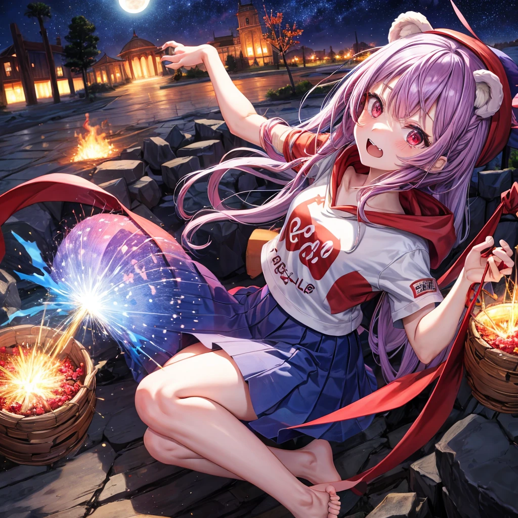 Red, blue and light purple hair、Red eyes、Braid、One cute girl、solo、And soul、Light clothing、Checked mini skirt、petal、black t-shirts、hoodie、bear ears baseball cap、large tree、Thundercloud、Burning Full Moon、desert、barefoot、Stones are piled up、Teeth are visible、Fortress City、Tilting face、Starry Sky、firework