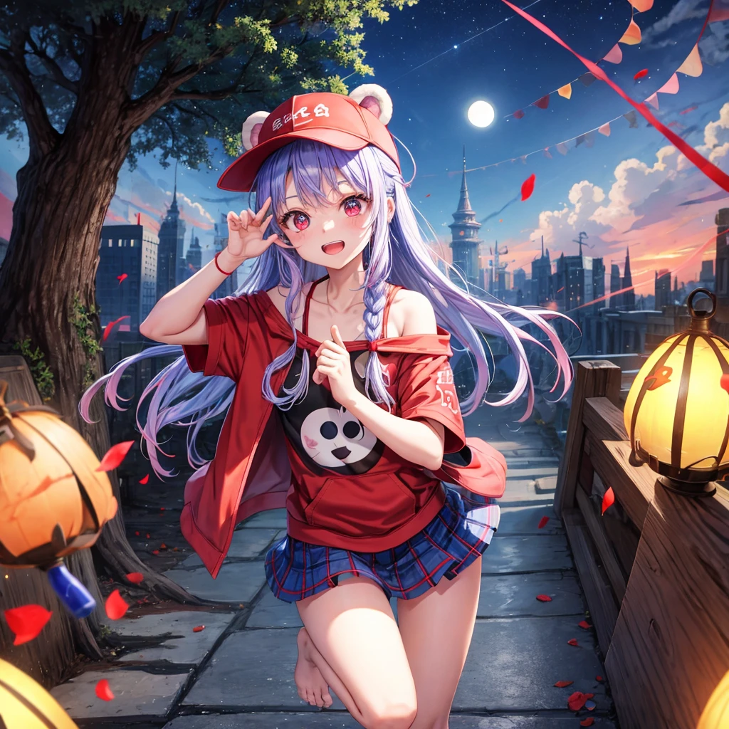 Red, blue and light purple hair、Red eyes、Braid、One cute girl、solo、And soul、Light clothing、Checked mini skirt、petal、black t-shirts、hoodie、bear ears baseball cap、large tree、Thundercloud、Burning Full Moon、desert、barefoot、Stones are piled up、Teeth are visible、Fortress City、Tilting face、Starry Sky、firework