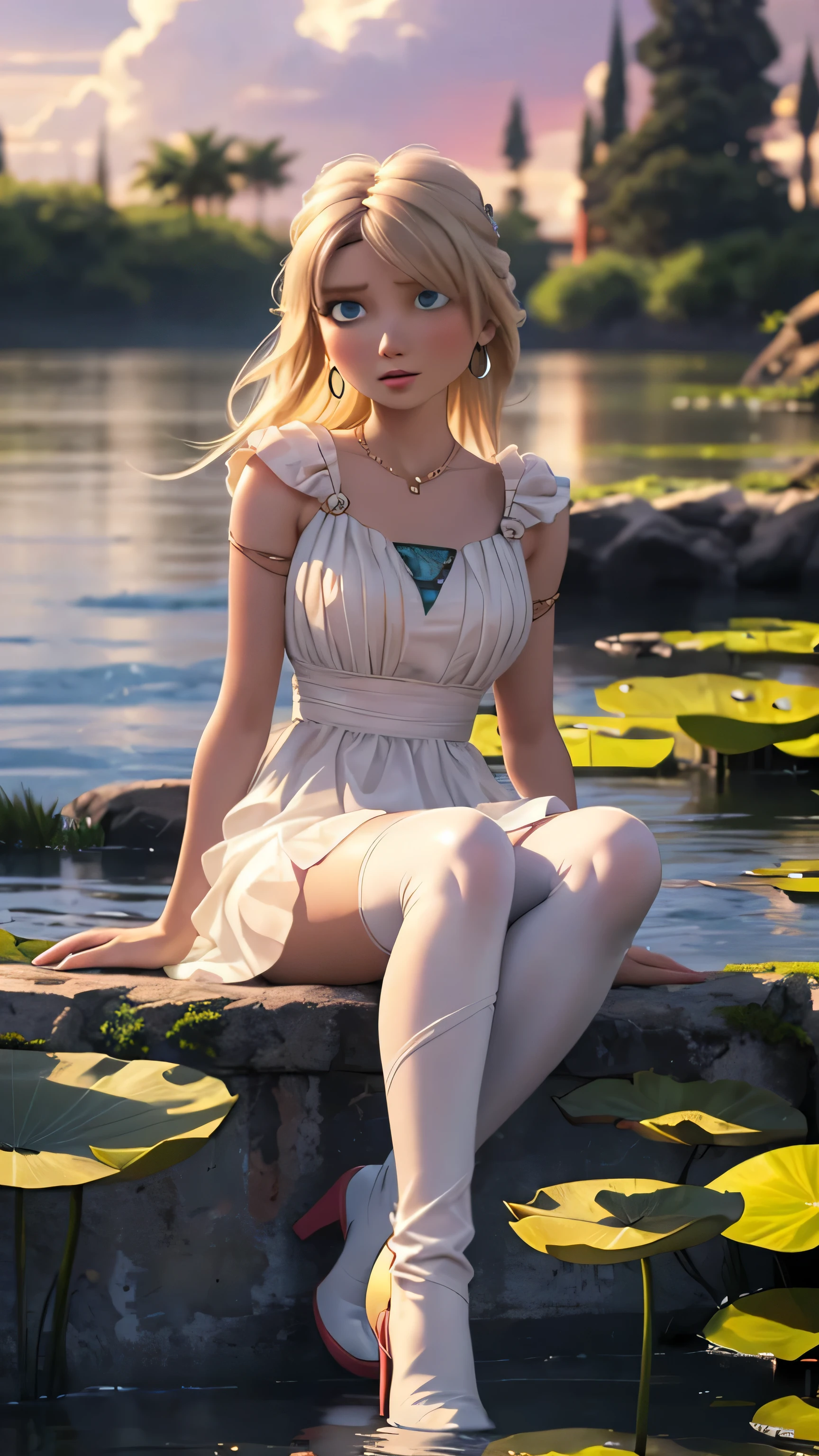 (ultra realistic,32k, masterpiece:1.2),(high detailed skin:1.1),( high quality:1.1), 
Astrid, very long wavy hair, blond hair, long bangs, elegant fringe, blue eyes, slim face, egirl makeup, long eyelashes, plump kissing lips,  sexy closed lips, Orgasm face, sex joy, sexy supermodel body, tall girl, slim fit figure, astral diamond necklace, transparent white dress, top with pink details, white dress, sleeveless, bare shoulders, black details on dress, thigh transparent highs, futuristic black boots, hoop earrings, Romantic photo, sitting on lilly pad, white lotus flower field, flying anime particles, realistic maledives' water, small waves, outside, floating pink flowers, night, warm lights, perfect realistic shading, intensive chromatic effect, rays of the sun, detailed background,,(looking at viewer, sitting, from bellow:1.1),, (hard exposed breast,round breast,:0.9),(volumetric lighting:1.1),