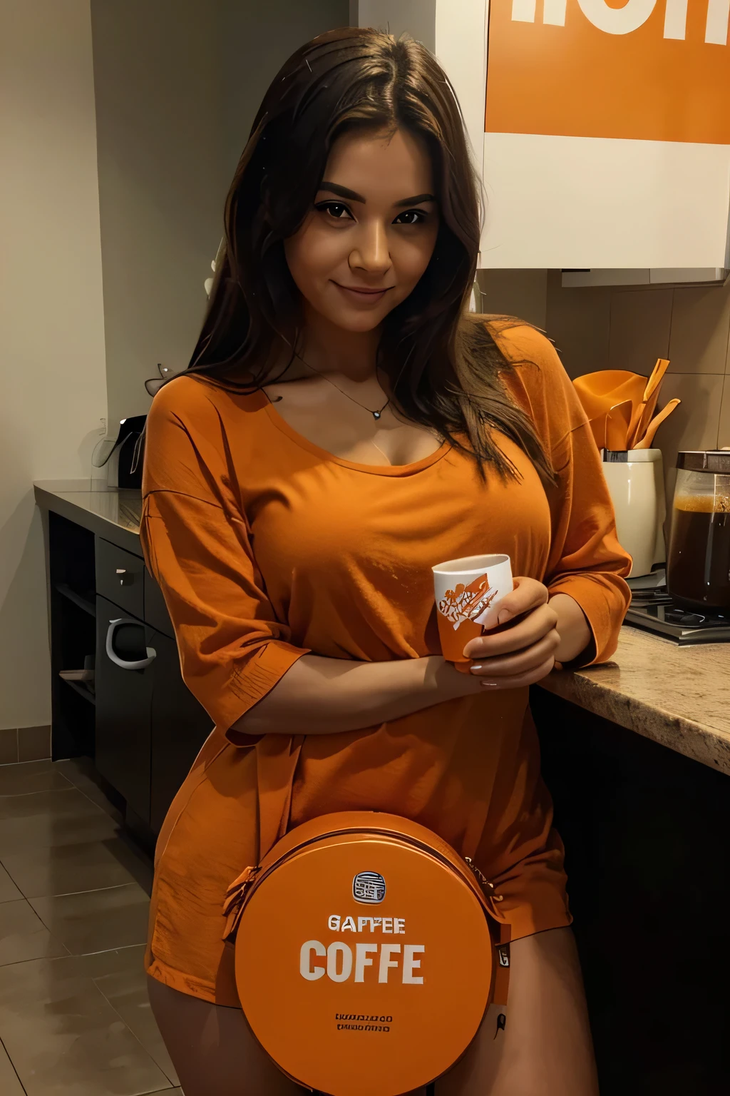 The woman in the image is holding an orange coffee cup that is labeled with the hashtags "#Coffady" and "#CoffeeLady." She is wearing a striking orange and black patterned outfit that resembles snakeskin, which contrasts strikingly with her long, flowing hair. She has several tattoo designs visible on her upper chest and is accessorized with a gold necklace. The overall appearance is bold and eye-catching, suggesting a confident and expressive personality.