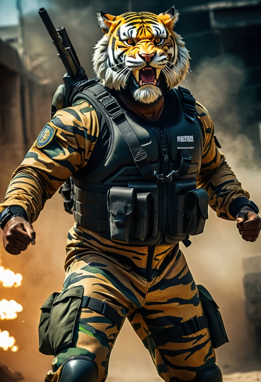 (a dark-skinned bearded fat old man in army camouflage zipper diver suit) (wearing proportionate realistic roaring tiger mask that show the wearer eyes), raising fist, carrying a gun holster on his right hip, muscular, Basuki Abdullah, sumatraism, muscular physique, imposing stature, action, a character portrait, heroic, fierce, snarling, best quality