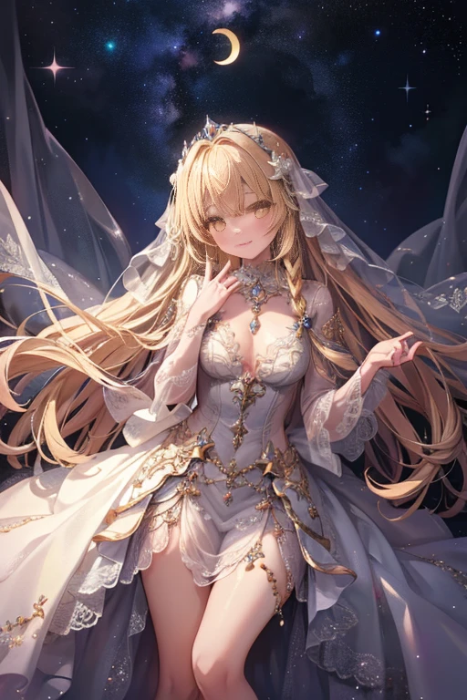 Mahiru shiina, , blonde, (Yellow Eyes:1.3)、Braided long hair,,blush,smile,Beautiful views, Attractive thighs、Beautiful bare legs, //Character
1girl,
BREAK
//Fashions
Celestial Goddess,
Inspired by the beauty and majesty of the cosmos, this costume exudes ethereal elegance and celestial charm, The ensemble features a flowing gown in shimmering shades of midnight blue, purple, or silver, reminiscent of the starry night sky, The gown is adorned with glittering sequins, beads, and celestial motifs, evoking the splendor of distant galaxies and constellations,
BREAK
Pair the gown with delicate celestial accessories such as a sparkling tiara or a crescent moon necklace, adding a touch of celestial magic to the ensemble, Complete the look with flowing hair styled in loose waves or intricate braids, reminiscent of a celestial goddess descending from the heavens, This costume is perfect for fantasy-themed events, cosmic masquerades, or anyone who wants to shine like a star,
BREAK、I can see your Pantastar piece.:1.2), highest quality, High resolution, unity 8k wallpaper, (shape:0.8), (Beautiful and beautiful eyes:1.6), Highly detailed face, Perfect lighting, Highly detailed CG, (Perfect hands, Perfect Anatomy),
