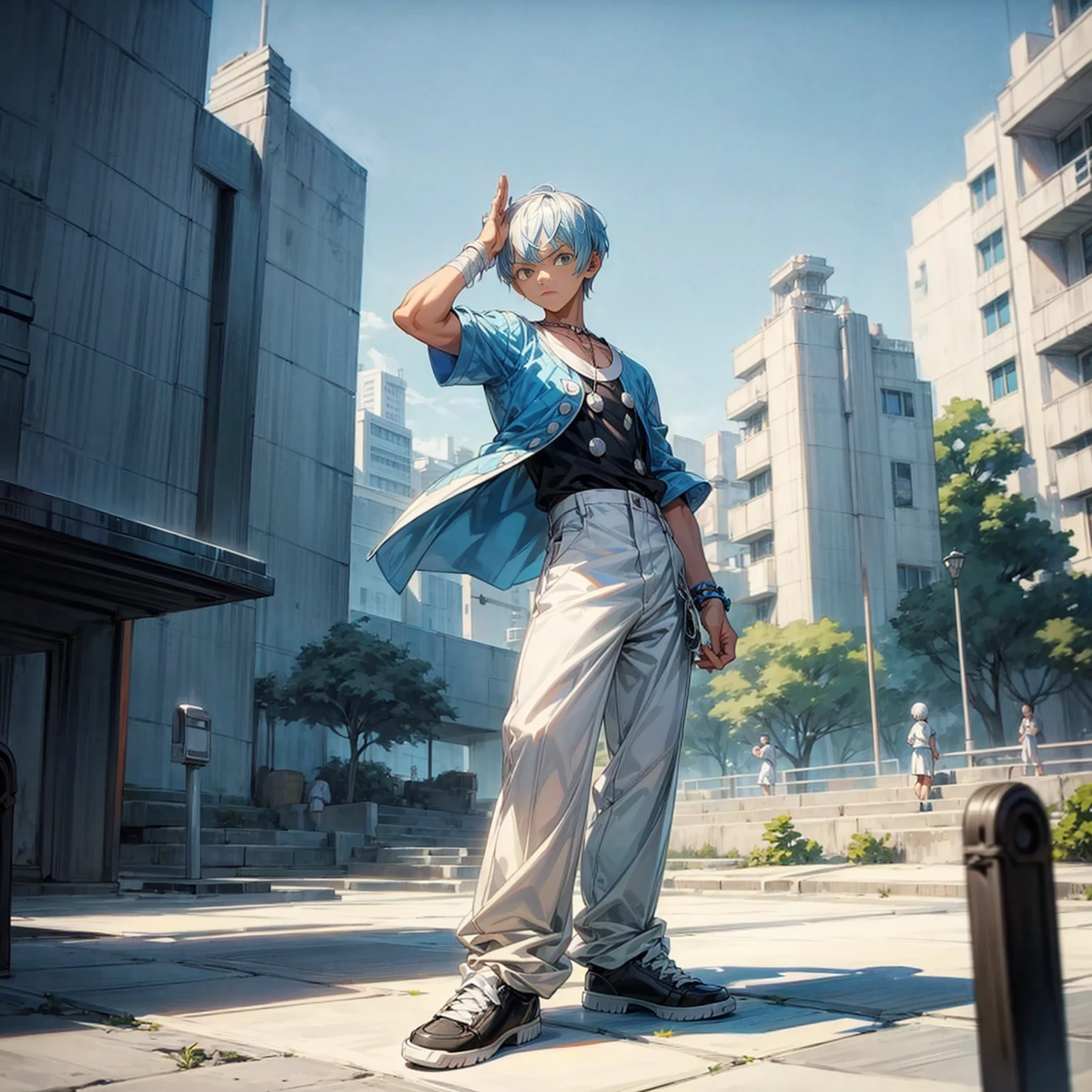 Solo character,  boy, full body version, blue half white colour hair, short haircut, black casual outfit, white trousers, shoes, outdoor, park, city, sky blue, standing gesture, bandage, (one piece style art), detailed clothing, detailed hair, detailed background 