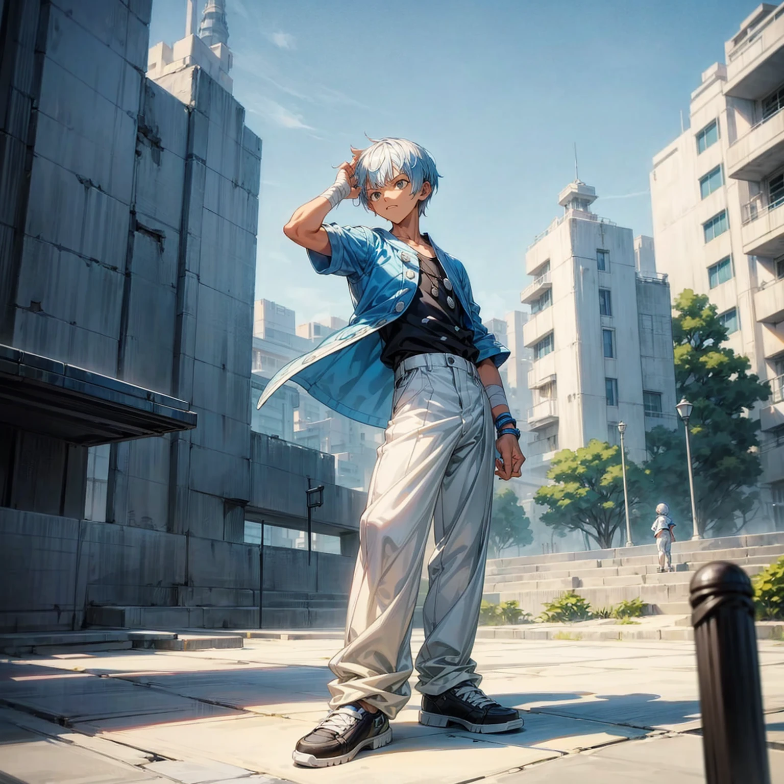 Solo character, kid boy, full body version, blue half white colour hair, short haircut, black casual outfit, white trousers, shoes, outdoor, park, city, sky blue, standing gesture, bandage, (one piece style art), detailed clothing, detailed hair, detailed background 