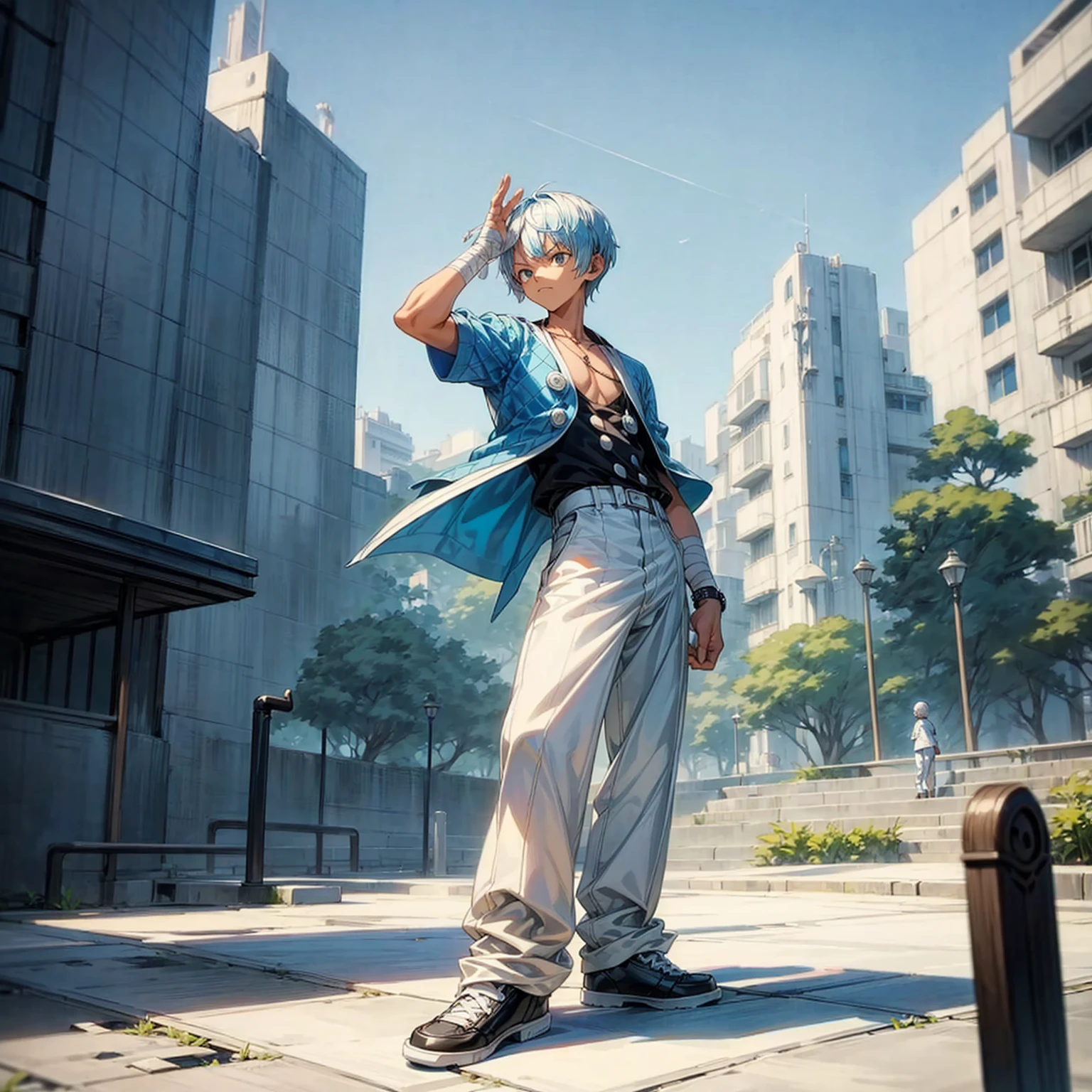 Solo character, kid boy, full body version, blue half white colour hair, short haircut, black casual outfit, white trousers, shoes, outdoor, park, city, sky blue, standing gesture, bandage, (one piece style art), detailed clothing, detailed hair, detailed background 