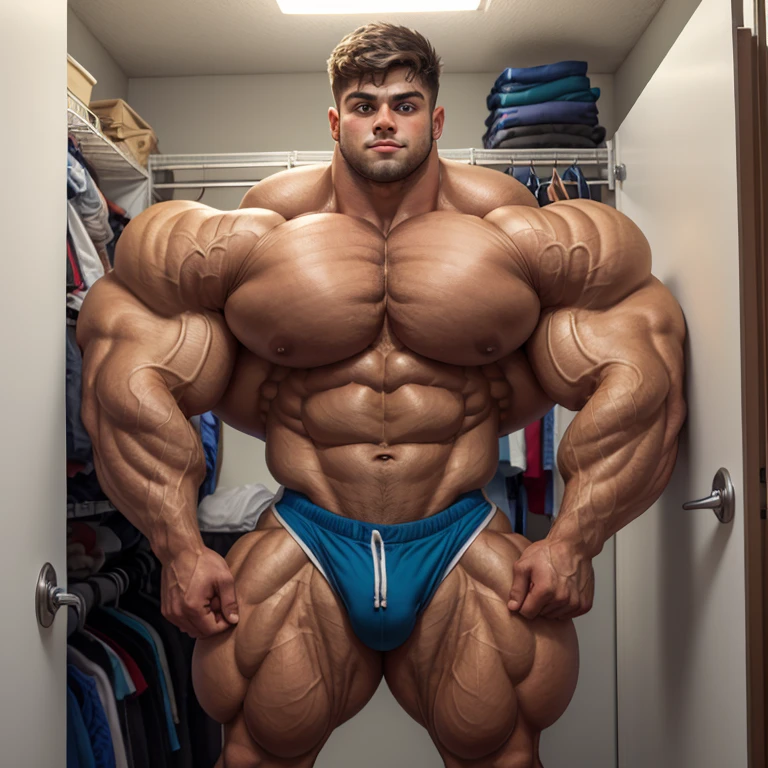 a young man, big eyes, short hair, shirtless, massively muscular, with massively large muscles, with massively large biceps, with massively large arms, with a massively muscular and defined body, massively large chest, with a massively large bulge, in a very cramped closet