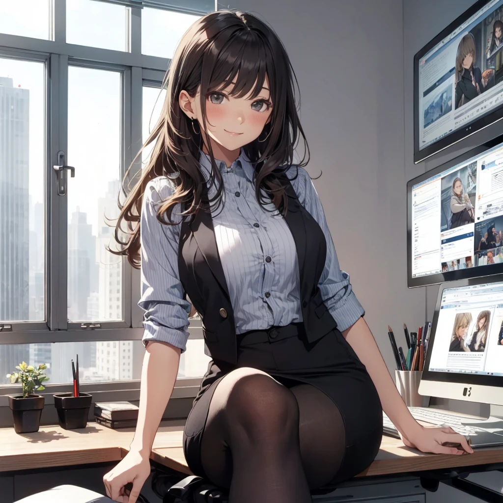 1lady sitting (crossed legs), office worker (stylish outfit), (gray vest) (pencil skirt), mature female, /(dark brown hair/) bangs, blush kind smile, (masterpiece best quality:1.2) delicate illustration ultra-detailed, large breasts, pantyhose BREAK (modern office indoors), window cityscape, detailed background