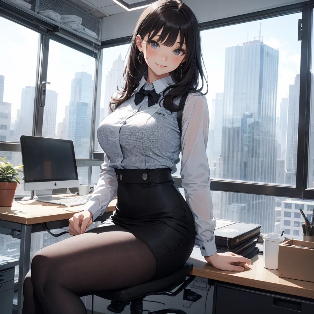 1lady sitting (crossed legs), office worker (stylish outfit), (gray vest) (pencil skirt), mature female, /(dark brown hair/) bangs, blush kind smile, (masterpiece best quality:1.2) delicate illustration ultra-detailed, large breasts, pantyhose BREAK (modern office indoors), window cityscape, detailed background