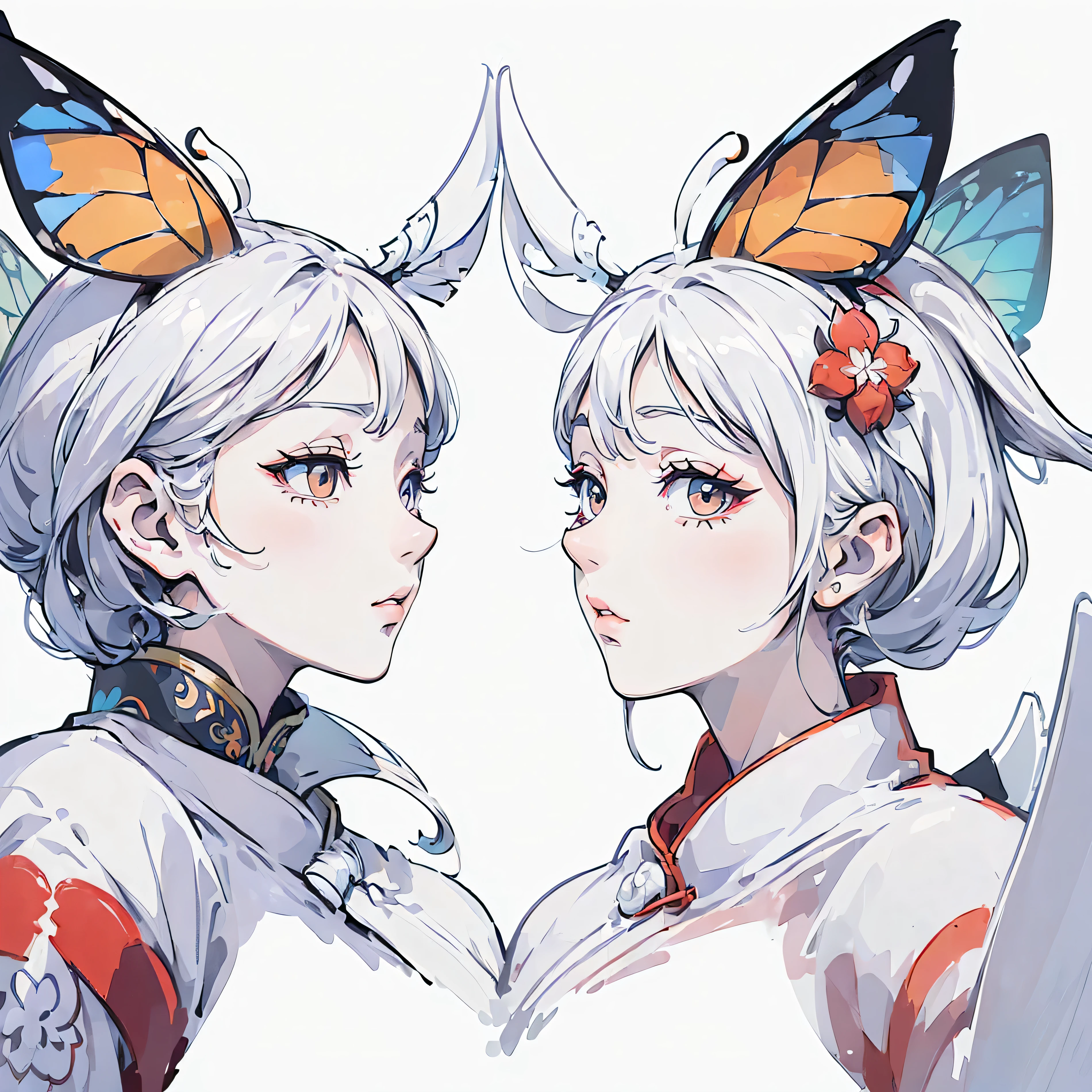 (White background:1.4),(Symmetrical:1.5),(masterpiece butterfly, In the middle, Oriental elements),(China - chic illustration:1.2, Vector painting:1.2),(Chinese colors,senior color matching),( reasonable design, Clear lines, High sharpness,best quality, Very detailed, masterpiece, official art, movie lighting effects, 4K )