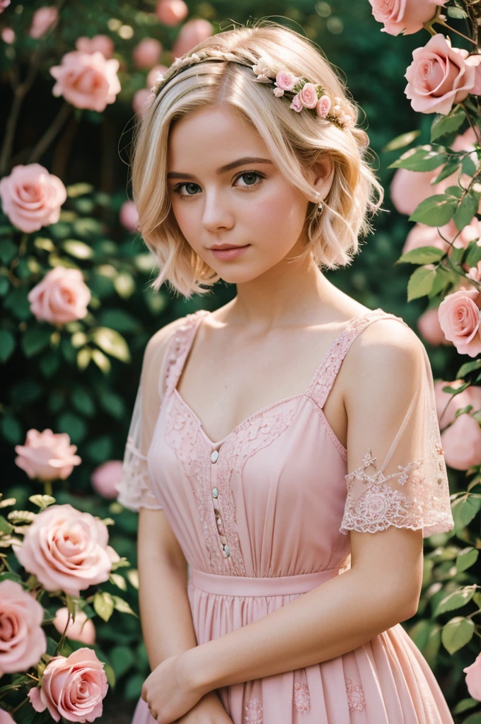 8k, RAW photo, Fujifilm, style photo of a beautiful young woman as avril in a garden of light pink roses (highly detailed skin: 1.2) Style-Petal BREAK short hair, blonde hair with colored locks, wearing a dress, film granulation, 35mm, cute style