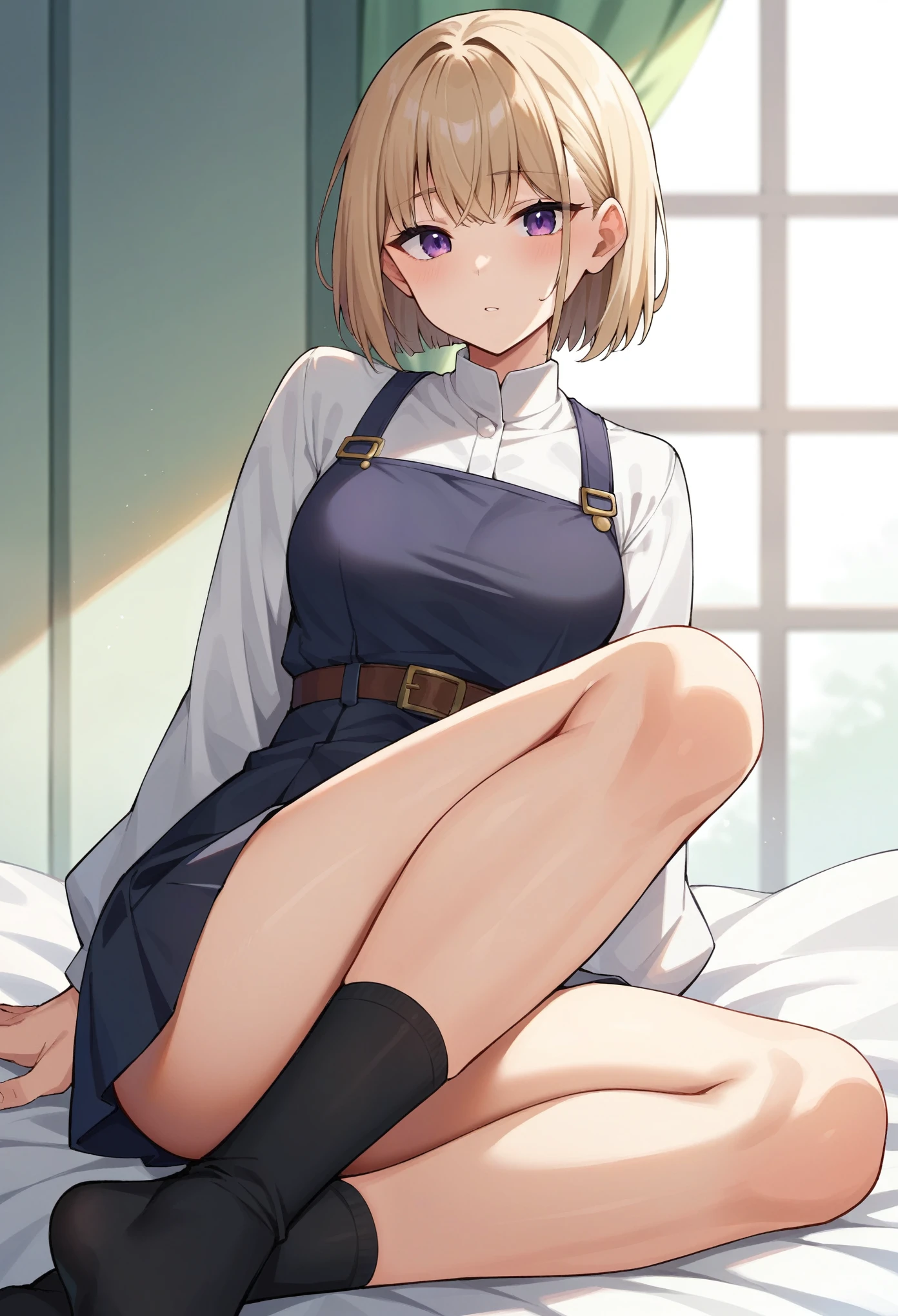 (masterpiece:1.2, Highest quality),(anime), -yeld gi,Purple Eyes,Beige hair,Bangs are the same length from end to end,My bangs are covering my eyebrows,The forehead is covered with bangs,No gaps in the front hair,Cropped bangs,Bangs,Wearing a black dress over a white shirt,Black knee socks