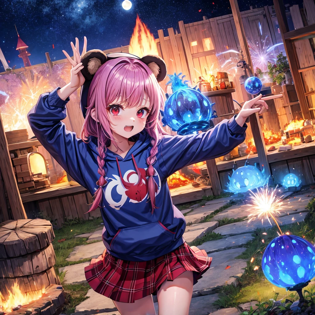 Red, blue and light purple hair、Red eyes、Braid、One cute girl、solo、And soul、Light clothing、Checked mini skirt、petal、black t-shirts、hoodie、bear ears baseball cap、large tree、Thundercloud、Burning Full Moon、desert、barefoot、Stones are piled up、Teeth are visible、Fortress City、Tilting face、Starry Sky、firework