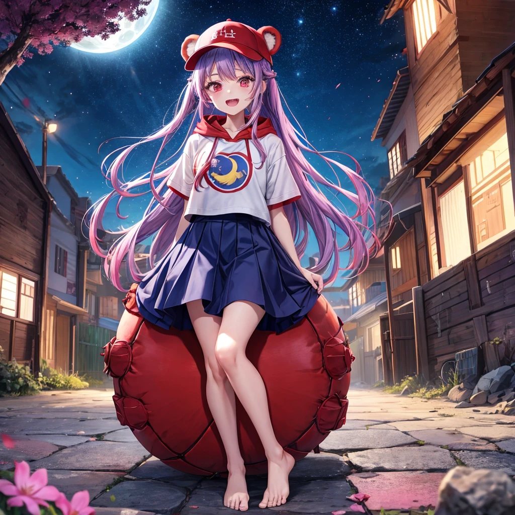 Red, blue and light purple hair、Red eyes、Braid、One cute girl、solo、And soul、Light clothing、Checked mini skirt、petal、black t-shirts、hoodie、bear ears baseball cap、large tree、Thundercloud、Burning Full Moon、desert、barefoot、Stones are piled up、Teeth are visible、Fortress City、Tilting face、Starry Sky、firework