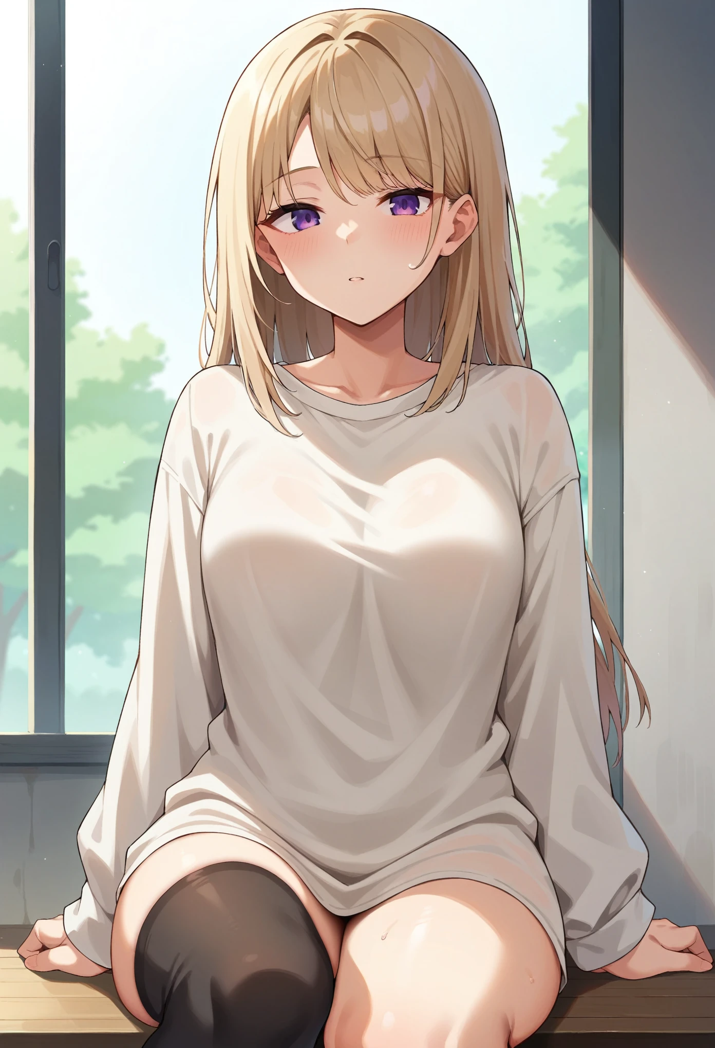 (masterpiece:1.2, Highest quality),(anime), -yeld gi,Purple Eyes,Beige hair,Bangs are the same length from end to end,My bangs are covering my eyebrows,The forehead is covered with bangs,No gaps in the front hair,Cropped bangs,Bangs,Black Stockings