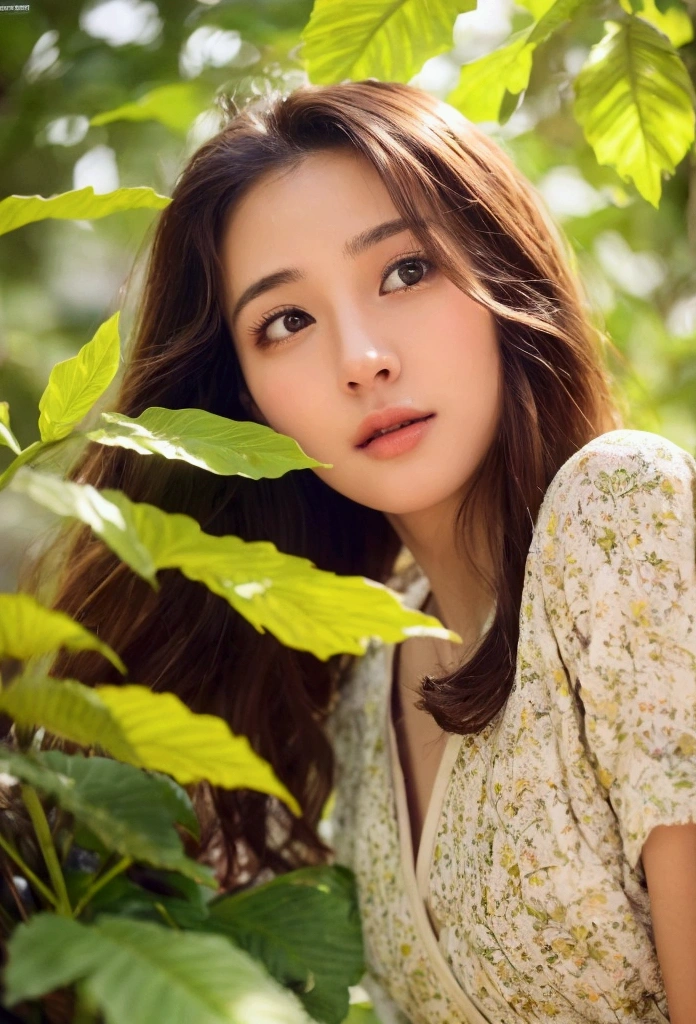 Girl looking down, wind, particle, Intricate and detailed natural backgrounds, bright mood, upper body, (best quality, masterpiece:1.2), 1 woman, detailed eyes, detailed lips, very detailed face, long eyelashes, wind blowing hair, tranquil expression, colorful flowers, lush foliage, sunlight filtering through leaves, warm color palette, soft lighting, cinematic composition, realistic, intricate details