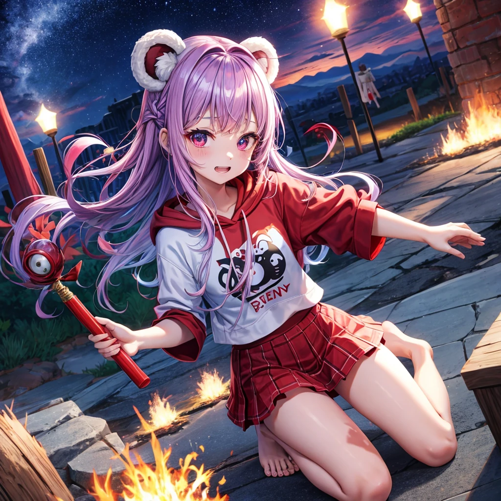 Red, blue and light purple hair、Red eyes、Braid、One cute girl、solo、And soul、Light clothing、Checked mini skirt、petal、black t-shirts、hoodie、bear ears baseball cap、large tree、Thundercloud、Burning Full Moon、desert、barefoot、Stones are piled up、Teeth are visible、Fortress City、Tilting face、Starry Sky、firework