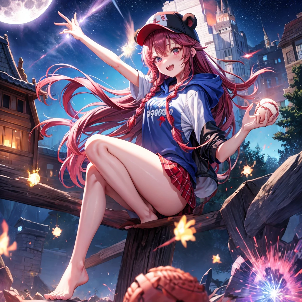 Red, blue and light purple hair、Red eyes、Braid、One cute girl、solo、And soul、Light clothing、Checked mini skirt、petal、black t-shirts、hoodie、bear ears baseball cap、large tree、Thundercloud、Burning Full Moon、desert、barefoot、Stones are piled up、Teeth are visible、Fortress City、Tilting face、Starry Sky、firework