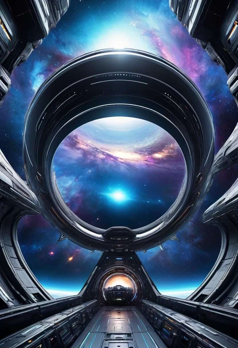 conceptual installation fantasy art, huge spaceship, background galaxy, black-hole, shading effects, gradation magic effects, (ultra detailed, absolutely resolution, best quality:1.3), 2.5D, delicate and dynamic, artistic photography, hyper realistic, graphic CG digital art